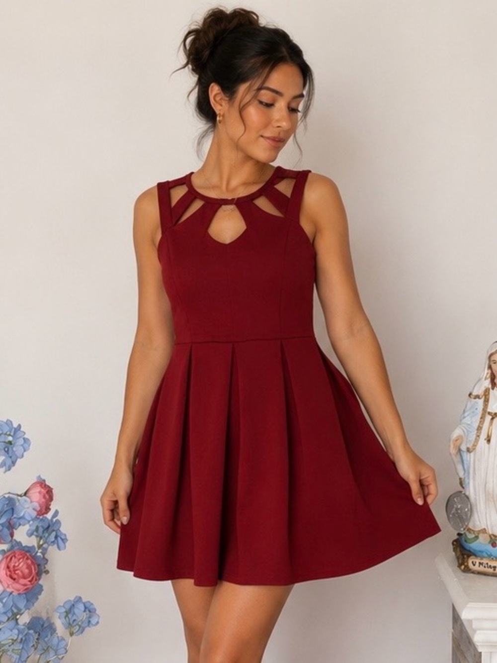 Sweet Storm Wine Red Sleeveless Cutout Fit-and-Flare Mini Dress